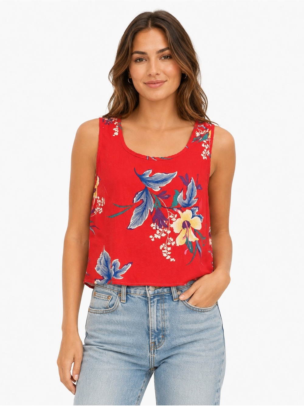 AVON | VTG Hawaiian Floral Print Sleeveless Boxy Cropped Tank Top